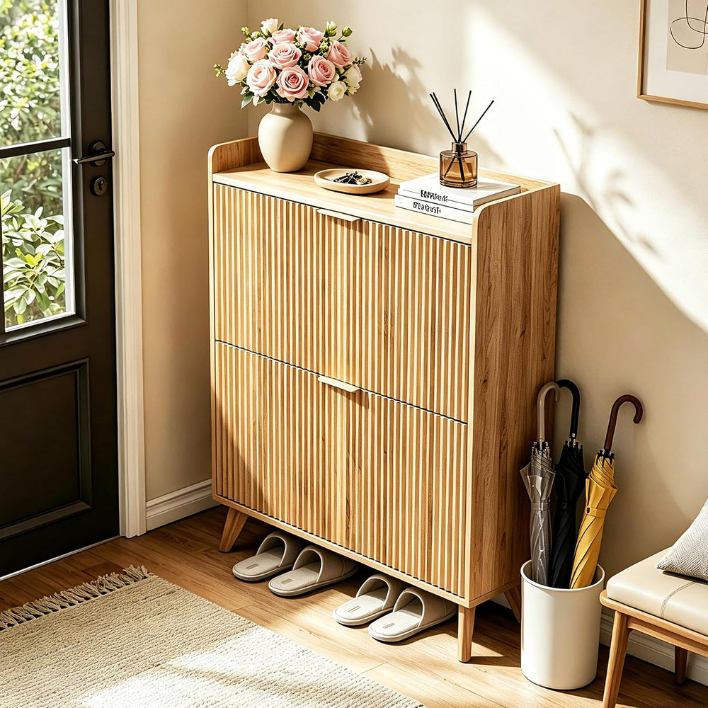 Fluted Shoe Cabinet Storage with 2 Flip Drawers, Wood Narrow Hidden Shoe Orga...