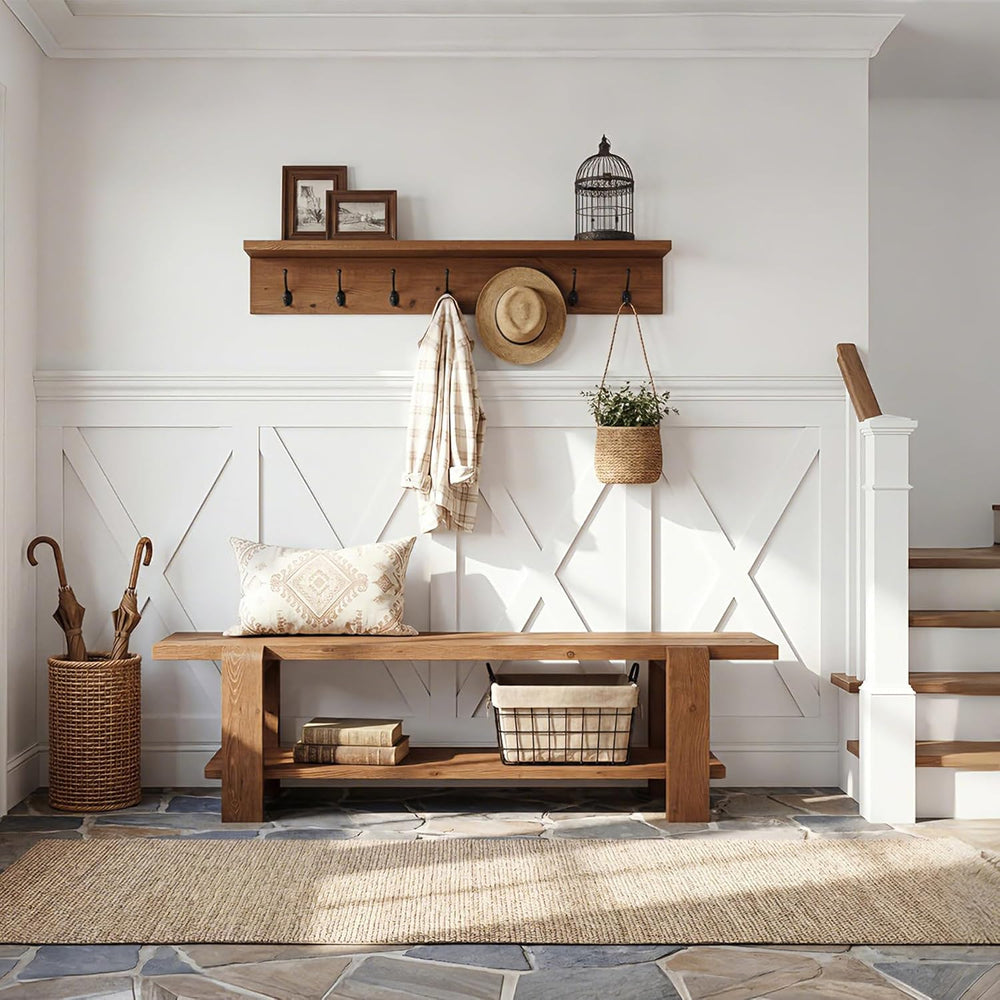 Solid Wood Entryway Bench with Shoe Storage Shelf, 63-Inch Long Farmhouse Ent...