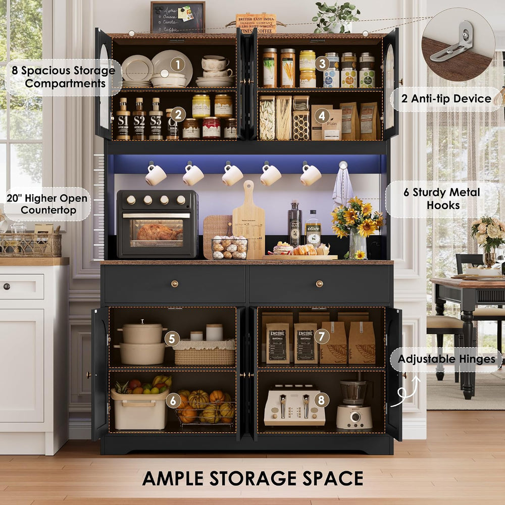 71" LED Kitchen Pantry Cabinet with Power Outlet, Tall Hutch, Black