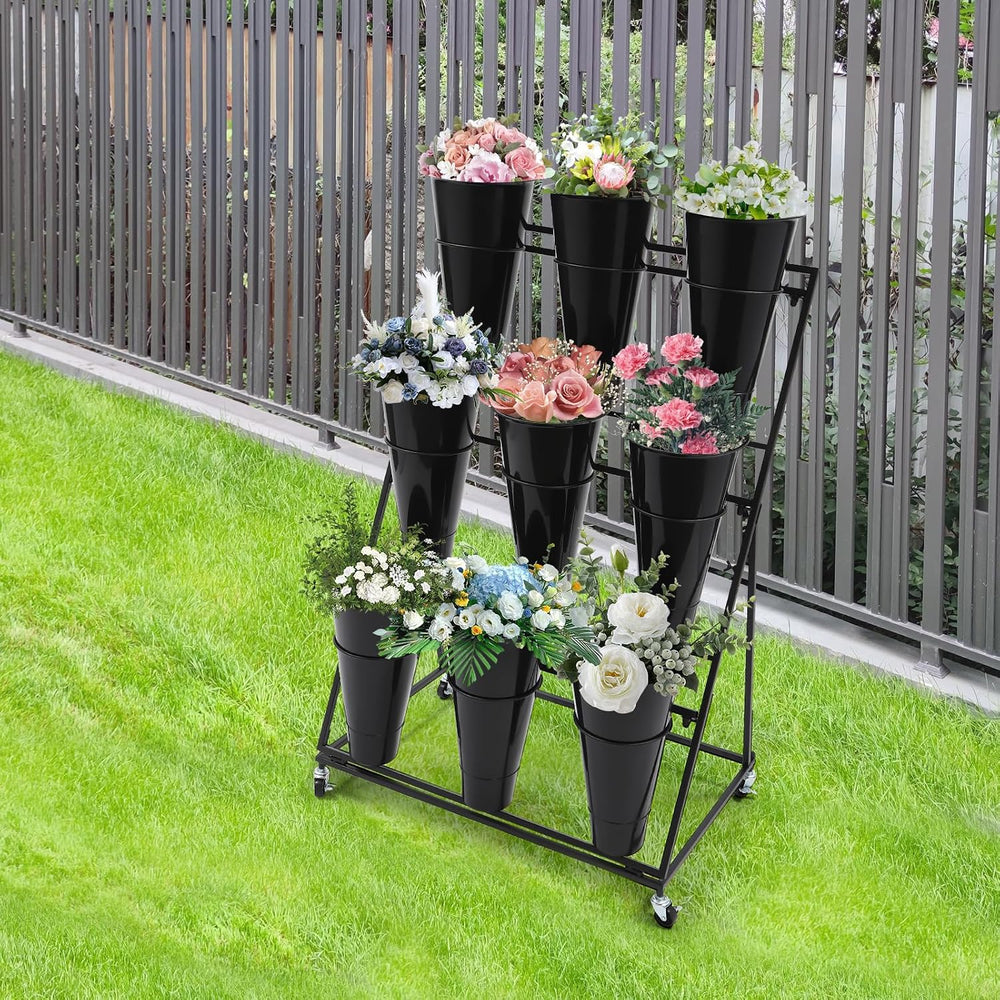 Flower Display Stand with 9 Pcs Round Buckets, 3 Layers Metal Plant Stand Mov...