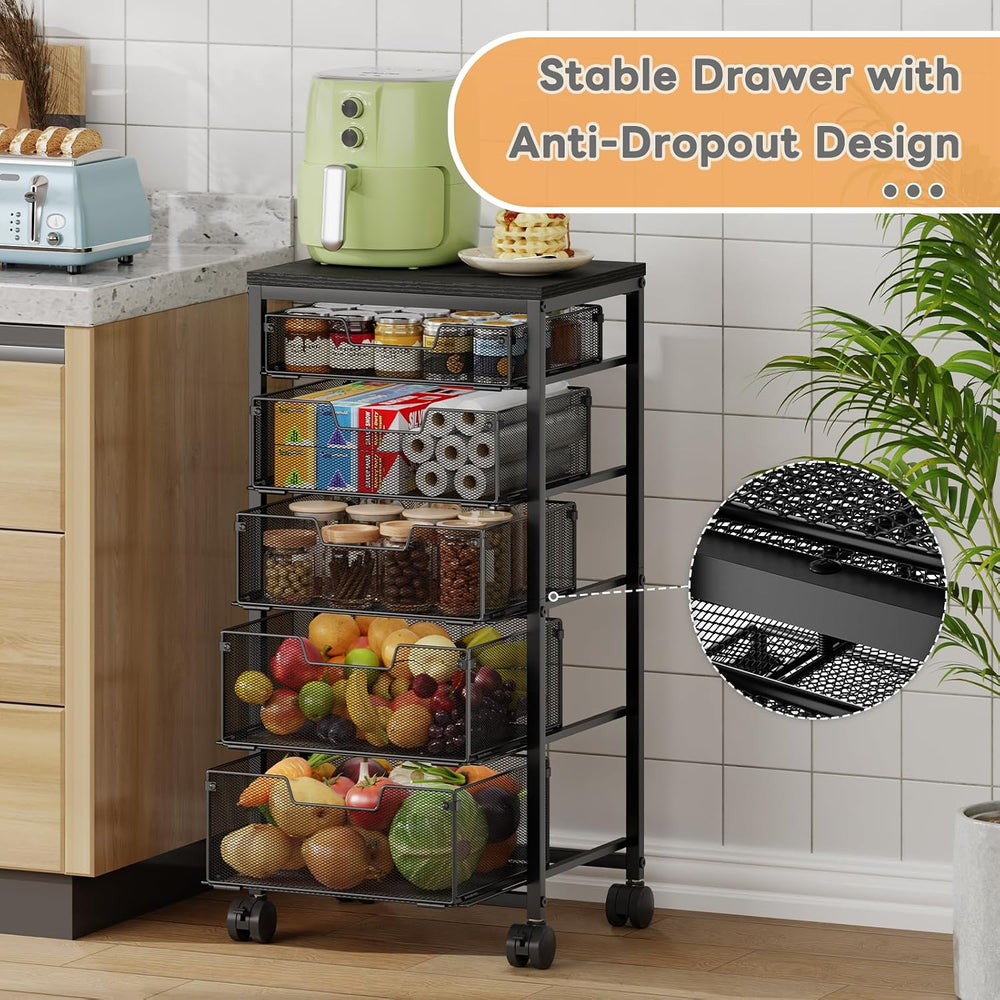 Kitchen Storage Cart with Drawer, 5-Tier Fruit Vegetable Storage Cart, Kitche...