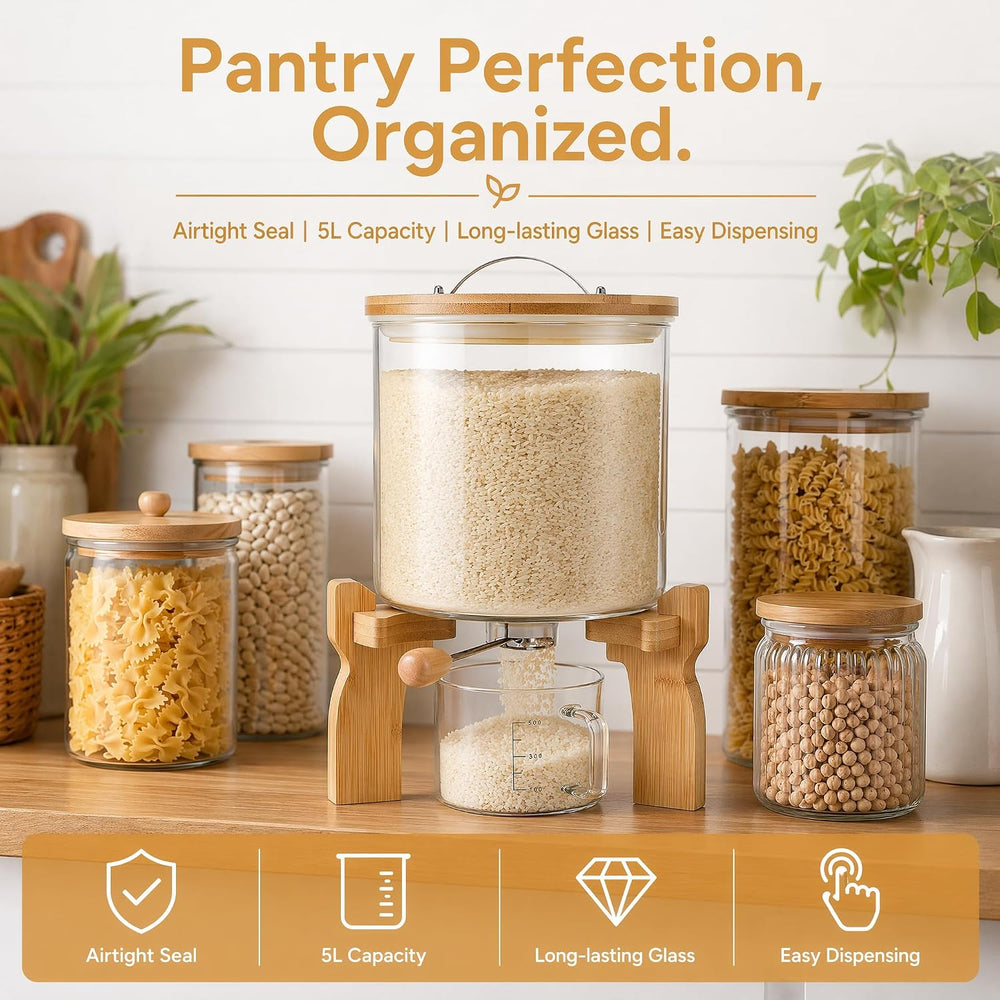 Goaste Glass Rice Dispenser with Bamboo Stand, 5L Flour Cereal Container with...