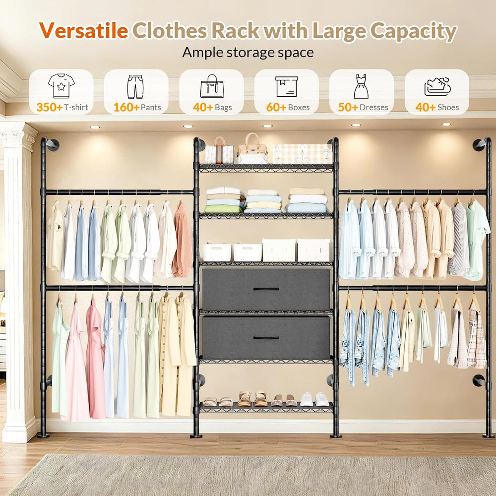 Wall Mounted Clothes Rack with 2 Drawers, 3 Row Expandable Closet