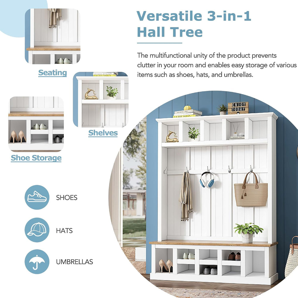 78''H Hall Tree with Wide Storage Seating Bench, Farmhouse Wooden Sty...