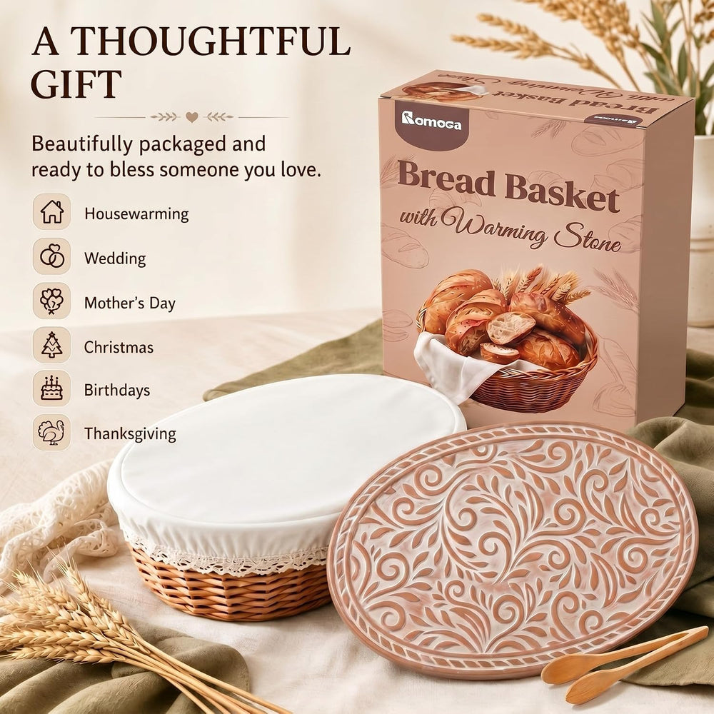 Bread Warmer Basket with Stone Wicker Bread Basket for Serving Tortilla Warme...