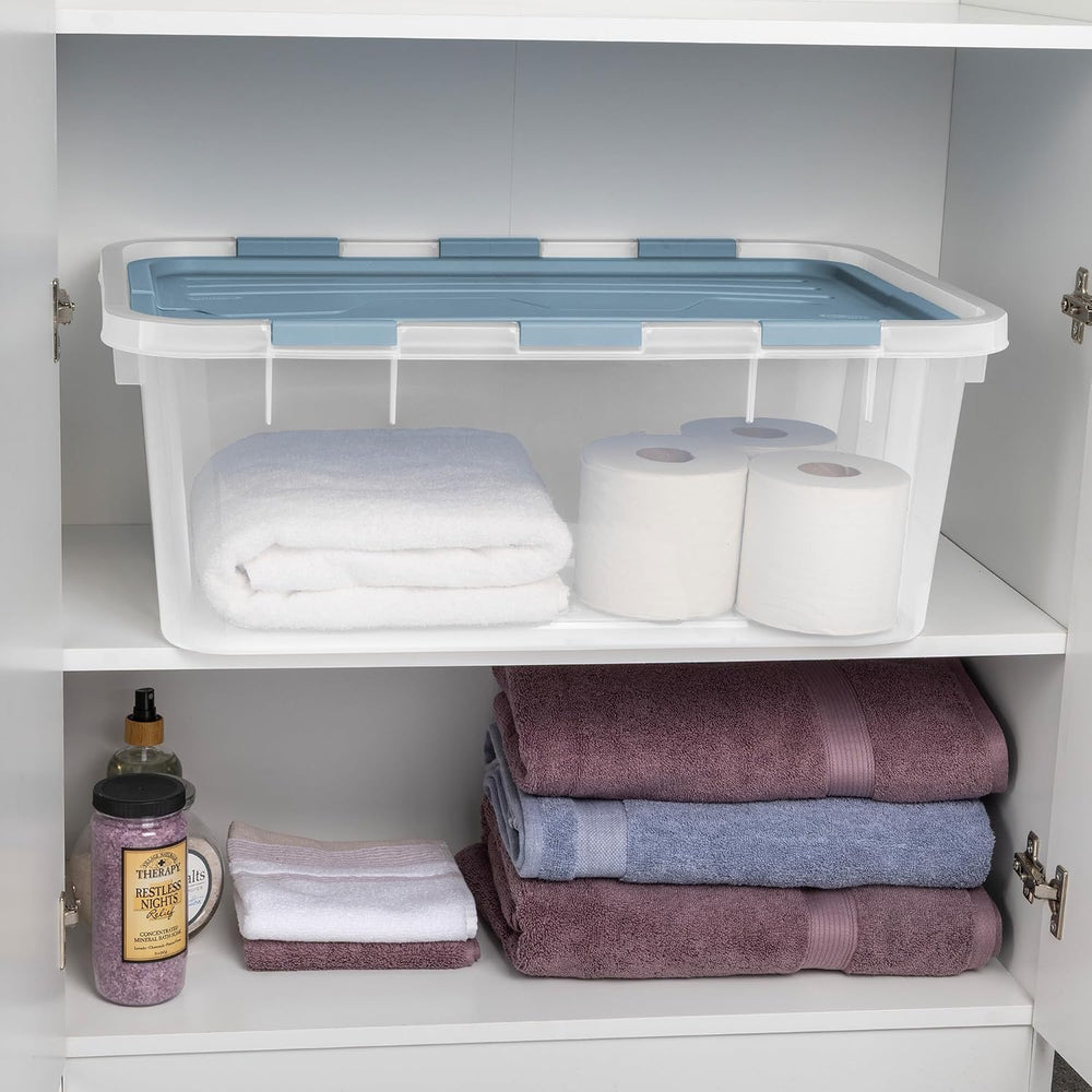 Sterilite 18 Pack Hinged Lid Storage Box, 40 Qt Plastic Container, Washed Blu...