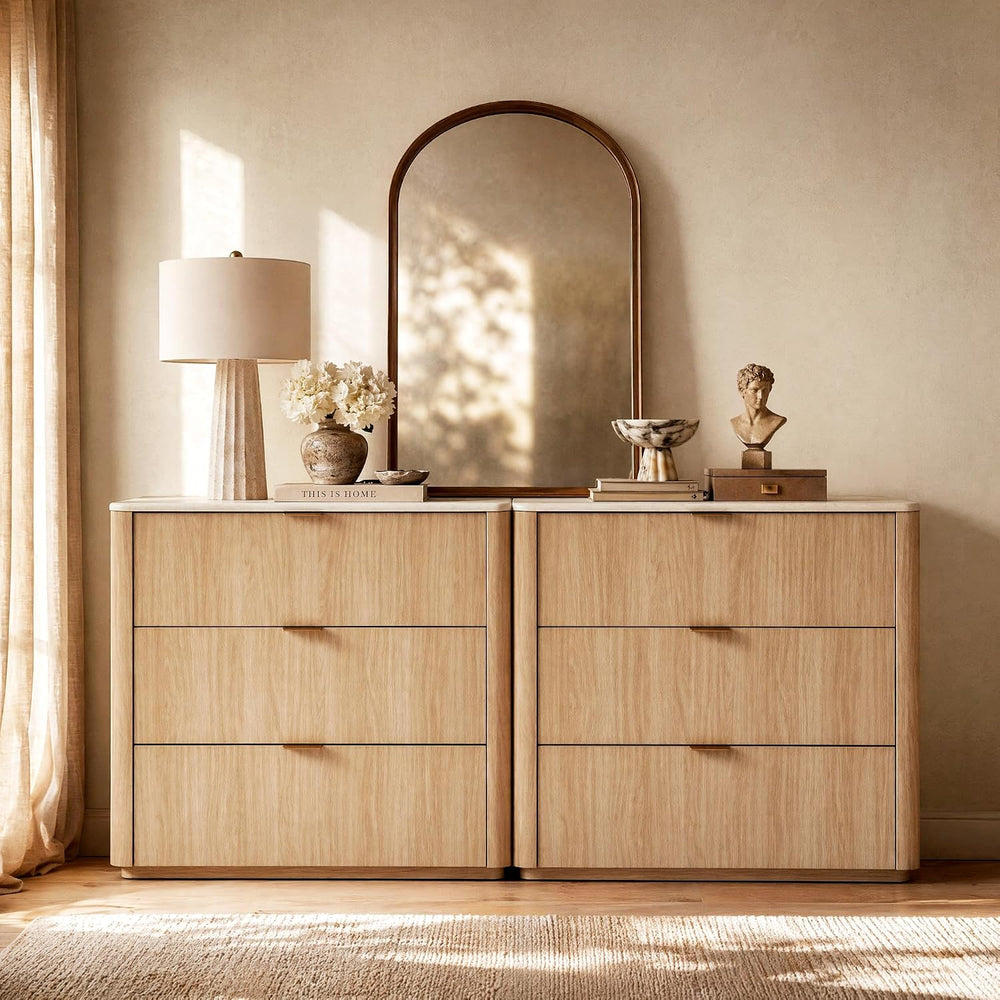 ModernMate 3 Drawer Dresser with Curved Profile & Faux Travertine Texture...