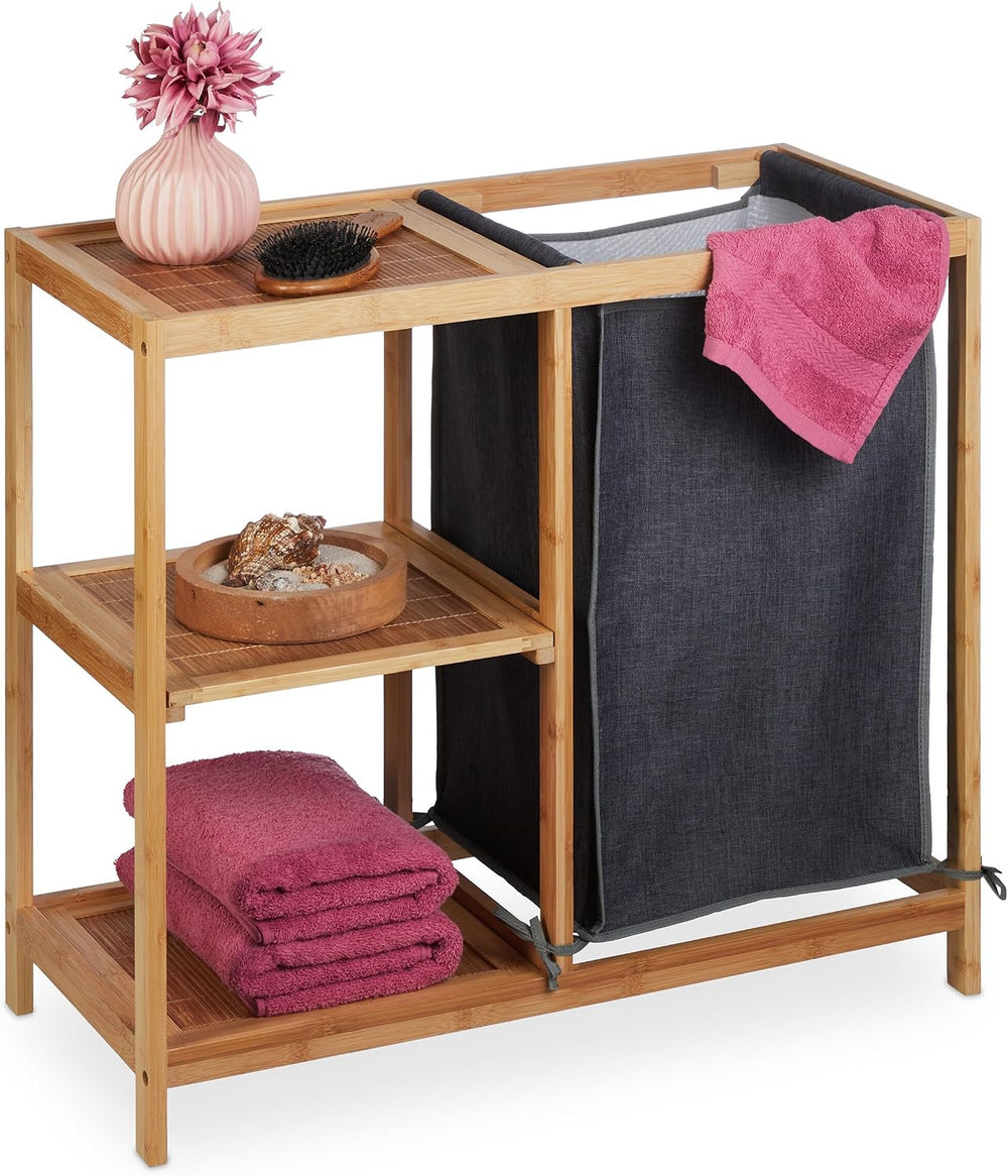 Relaxdays Bamboo Laundry Basket, 3 Shelves, Removable Fabric Bag, H x W x D: ...