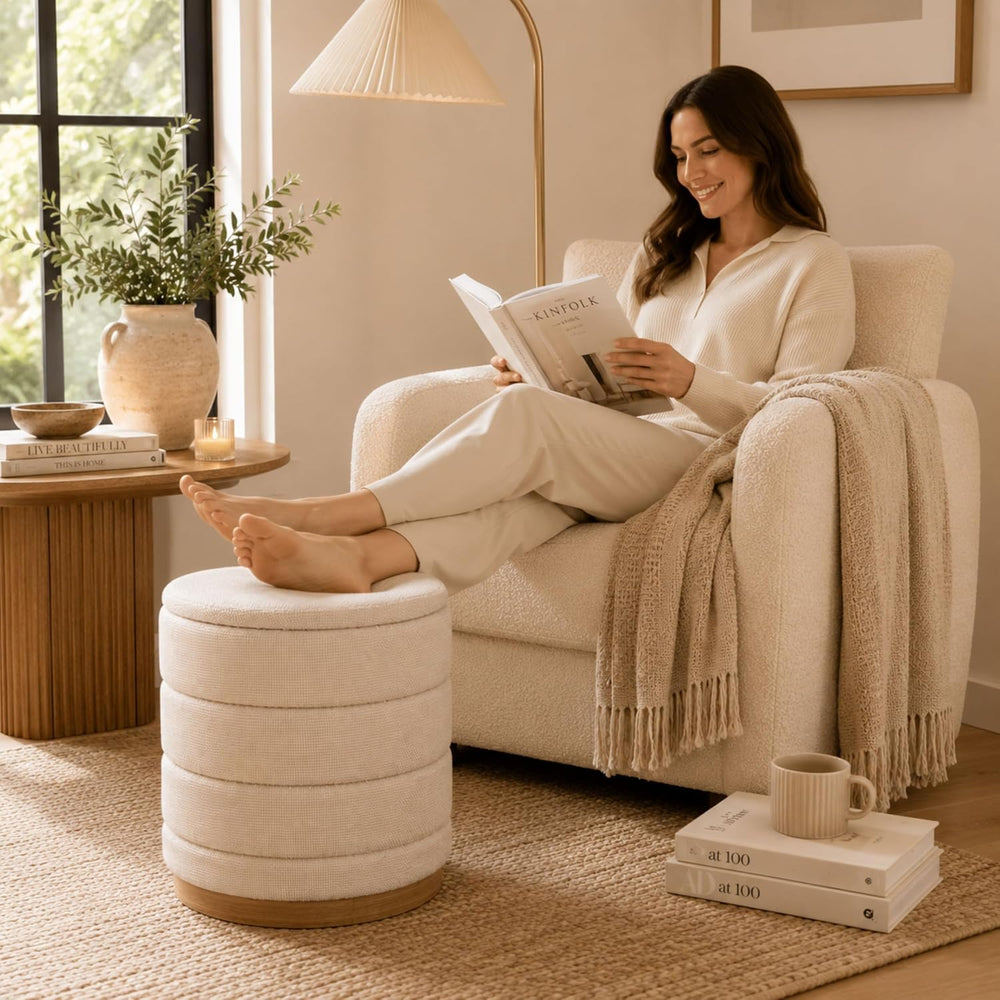Linen Storage Ottoman Round Footrest with Hidden Storage, Biege 16" L X1...