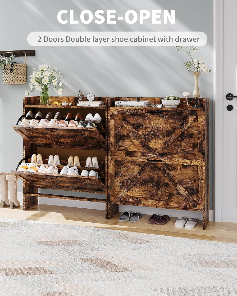 Slim Narrow Shoe Storage Cabinet for Entryway - 2 Flip-Up Drawers Freestandin...