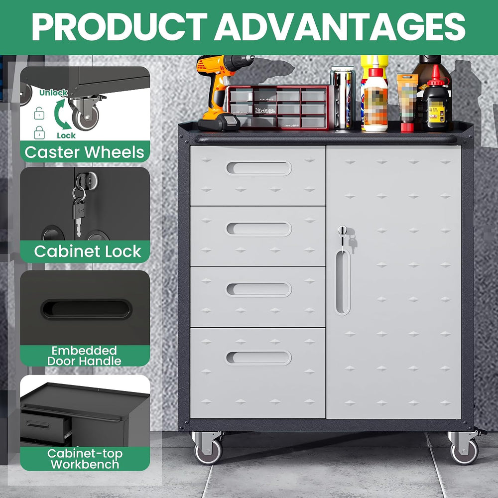 Garage Cabinets,Metal Garage Storage Cabinet with Wheels,Lockable Rolling Too...