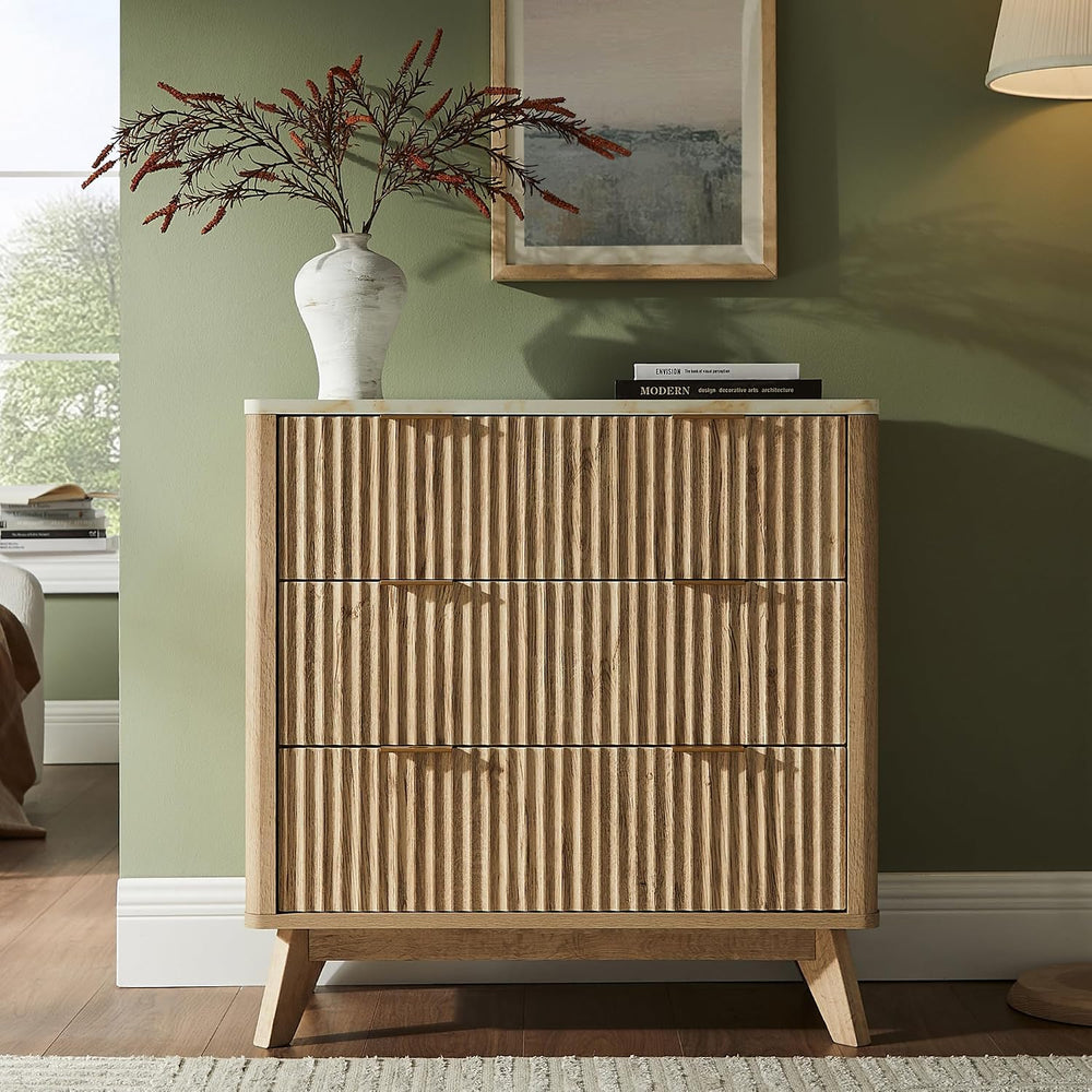 T4TREAM 32" Tall Fluted 3 Drawer Dresser for Bedroom, Natural Oak