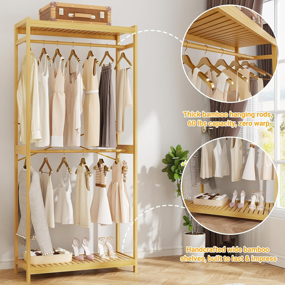 Homykic Bamboo Clothing Rack with Shelves, 33.5” Wide Clothes Rack, 78.8” H