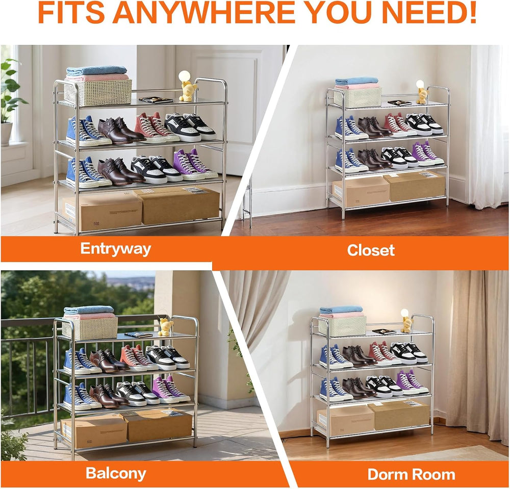 4-Tier Stainless Steel Shoe Rack, Heavy Duty Metal Shoe Organizer for Closet ...
