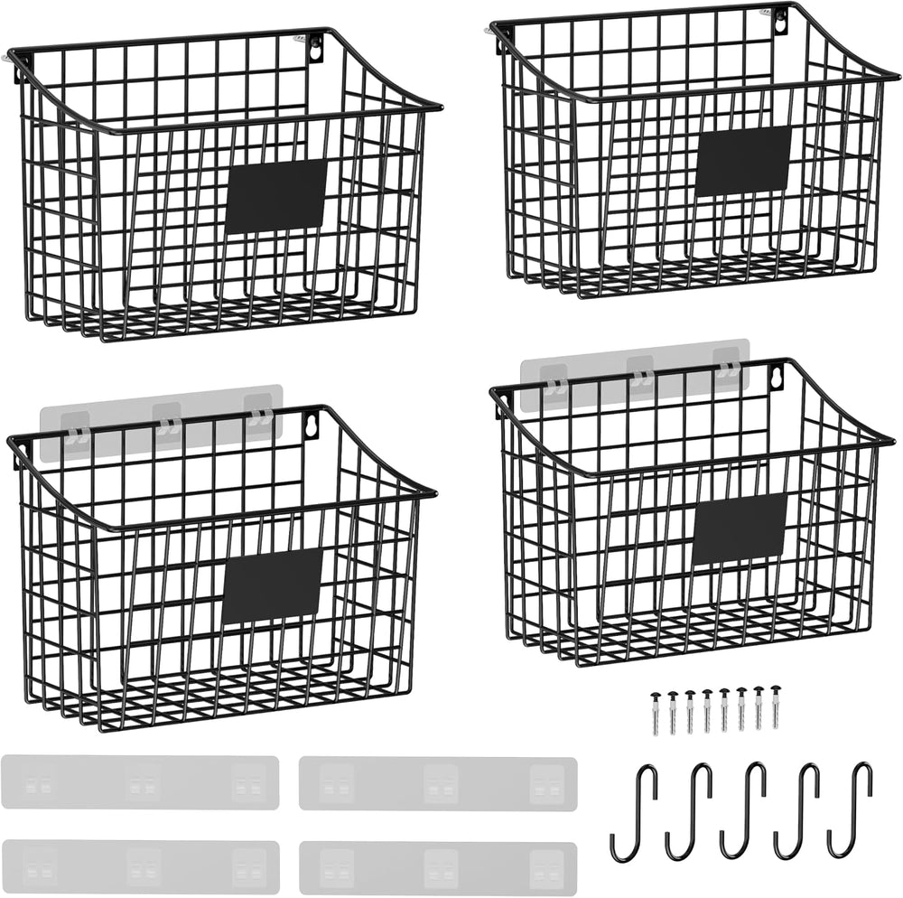 Wall Basket with Label Plate & 5 S-Hooks –4 Pack Hanging Wire Basket for ...