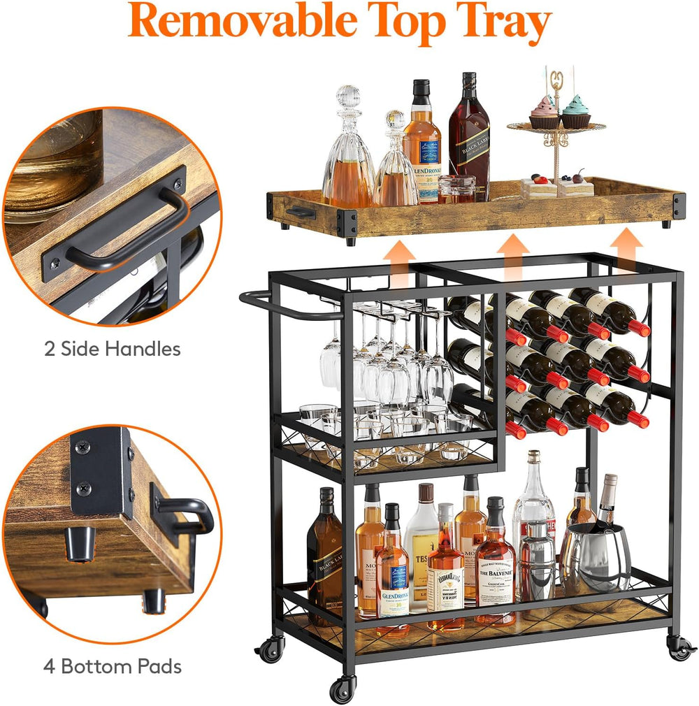 Lifewit 3 Tier Bar Cart with 12 Wine Racks, Serving Trolley, Rustic Brown