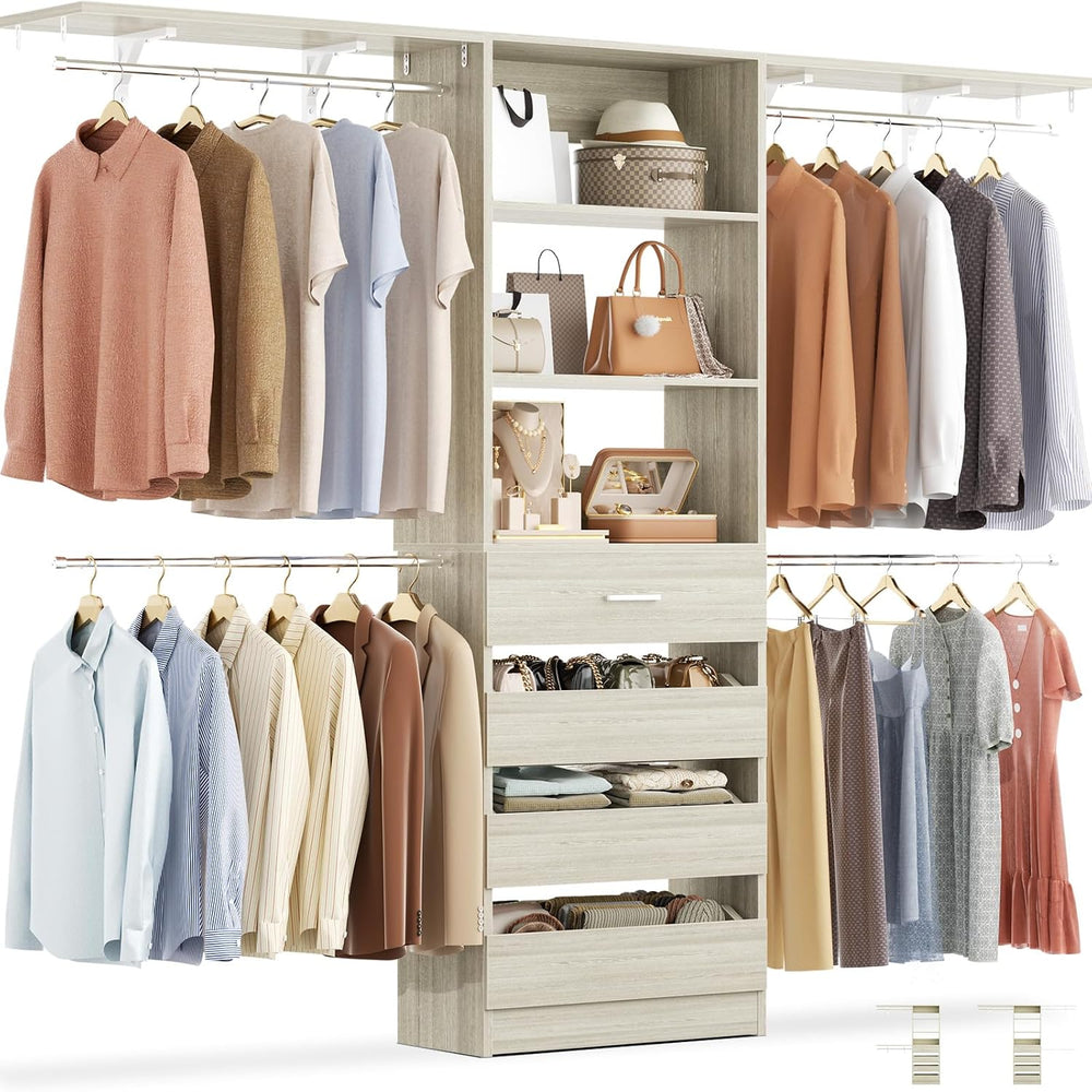 Aheaplus Closet System with 4 Drawers, 8FT Wood Closet Organizer System