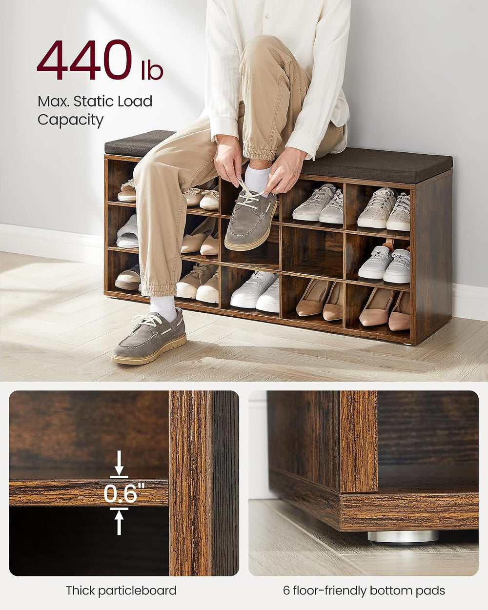 VASAGLE Shoe Bench with Cushion, 15 Compartments, 11.8 x 41.3 x 18.9 Inches