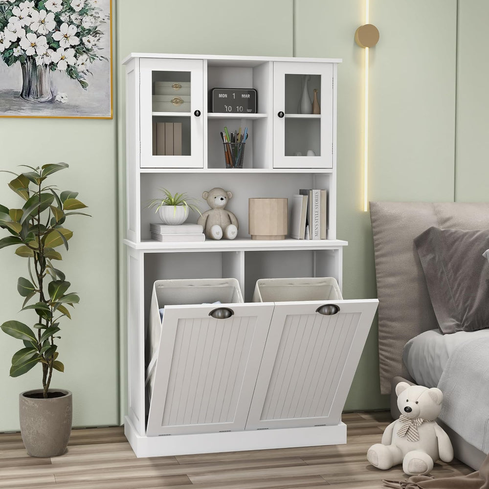 RASOO Tilt-Out Laundry Cabinet White Tall Bathroom Storage Cabinet Laundry Ha...
