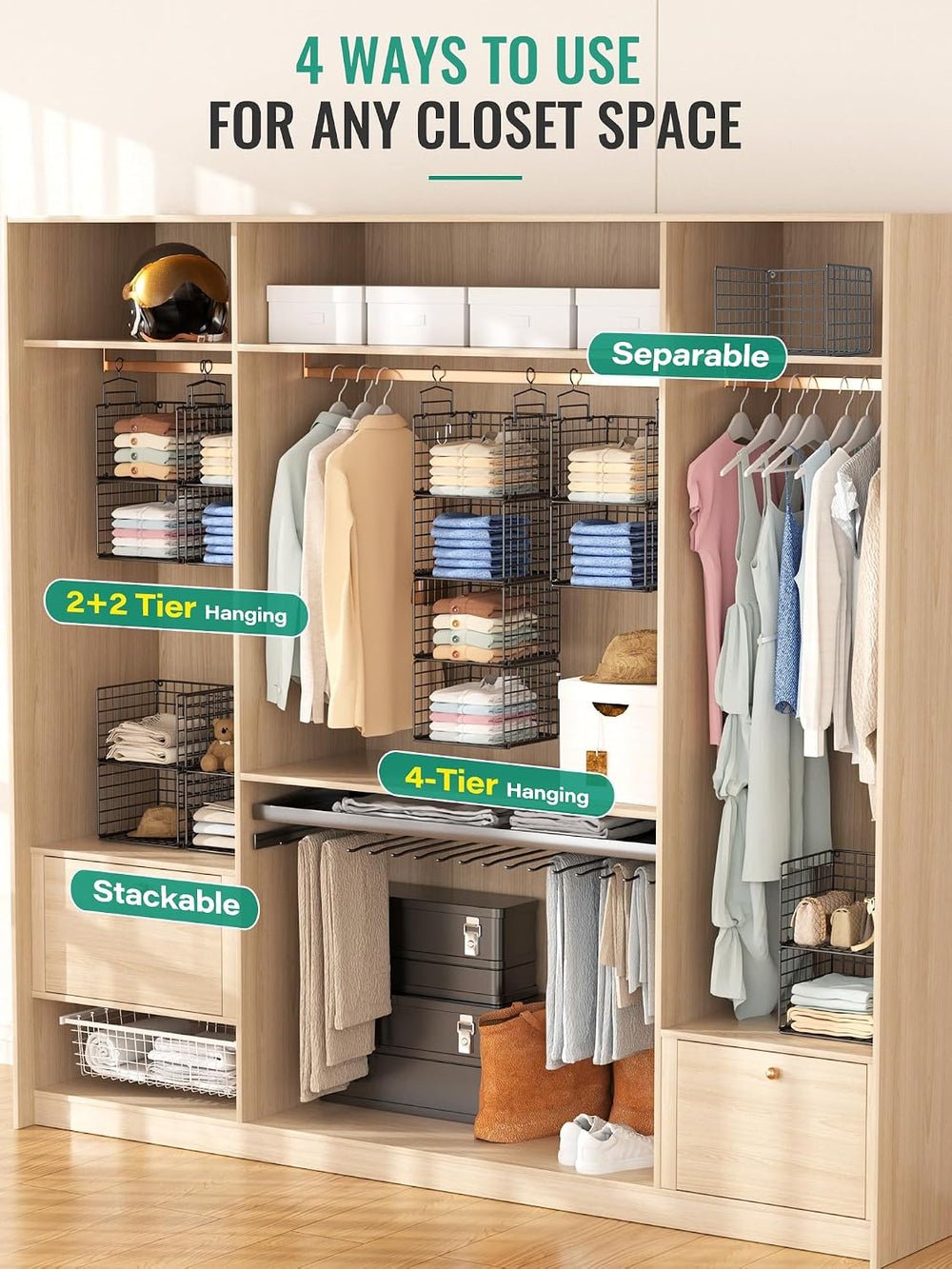 Hanging Closet Organizer, 4 Tier Metal Closet Organizers and Storage with 4 H...