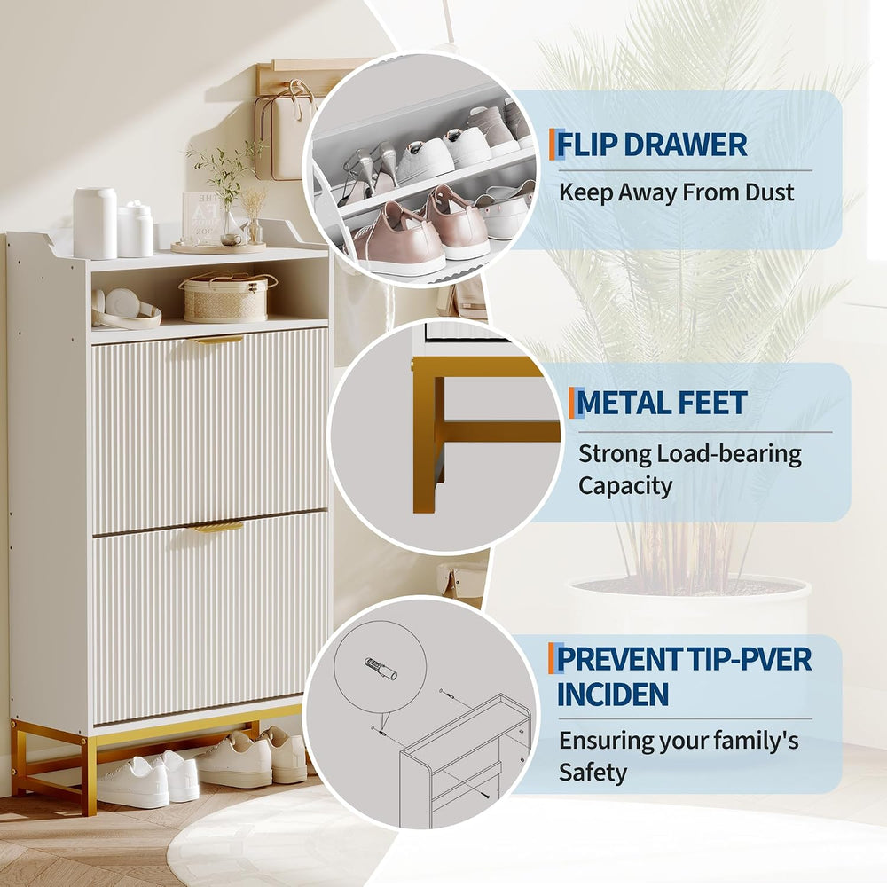 GarveeHome Fluted Shoe Cabinet Storage for Entryway, Wood Shoe Rack with 2 Fl...