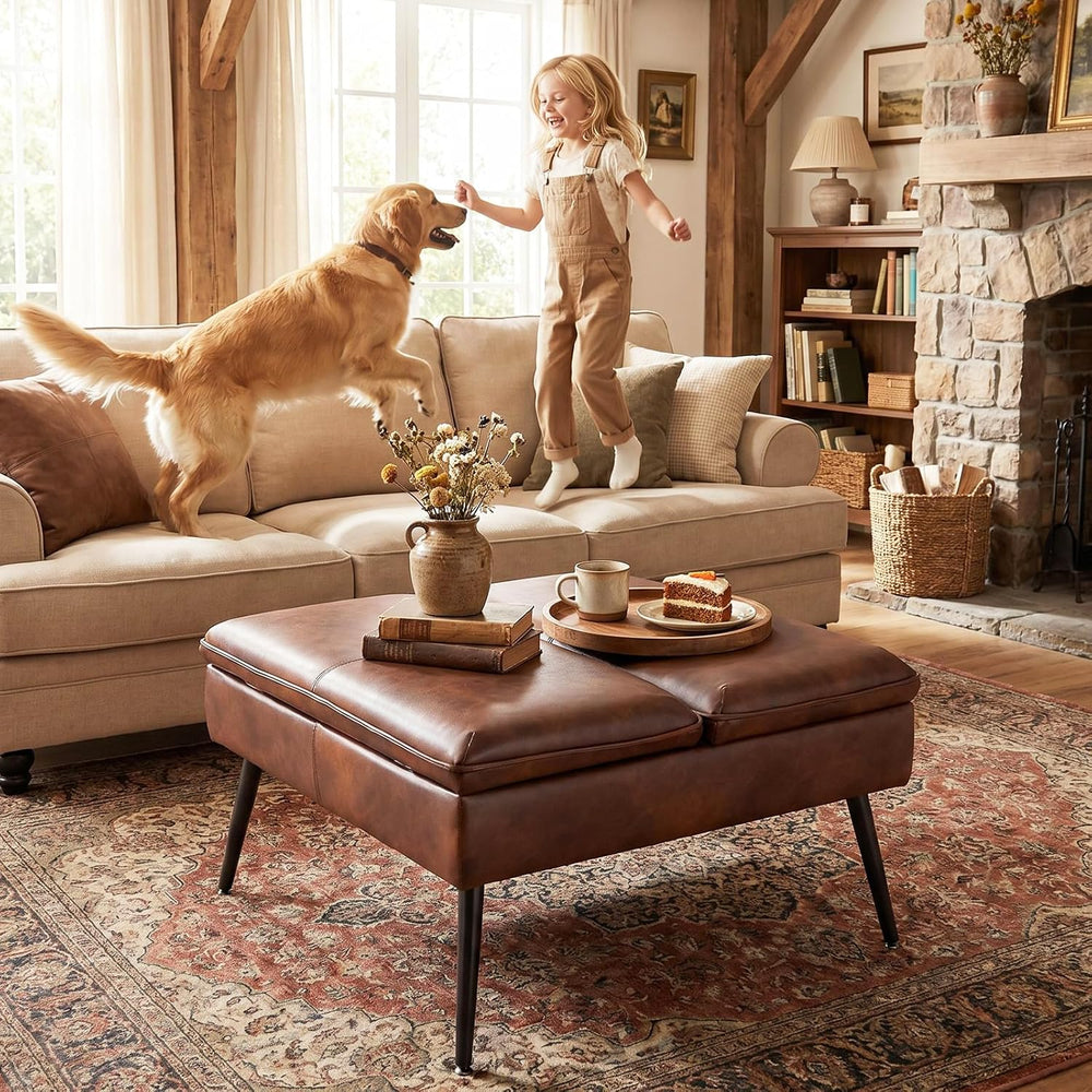 Square Ottoman with Storage Coffee Table Large Upholstered Cognac