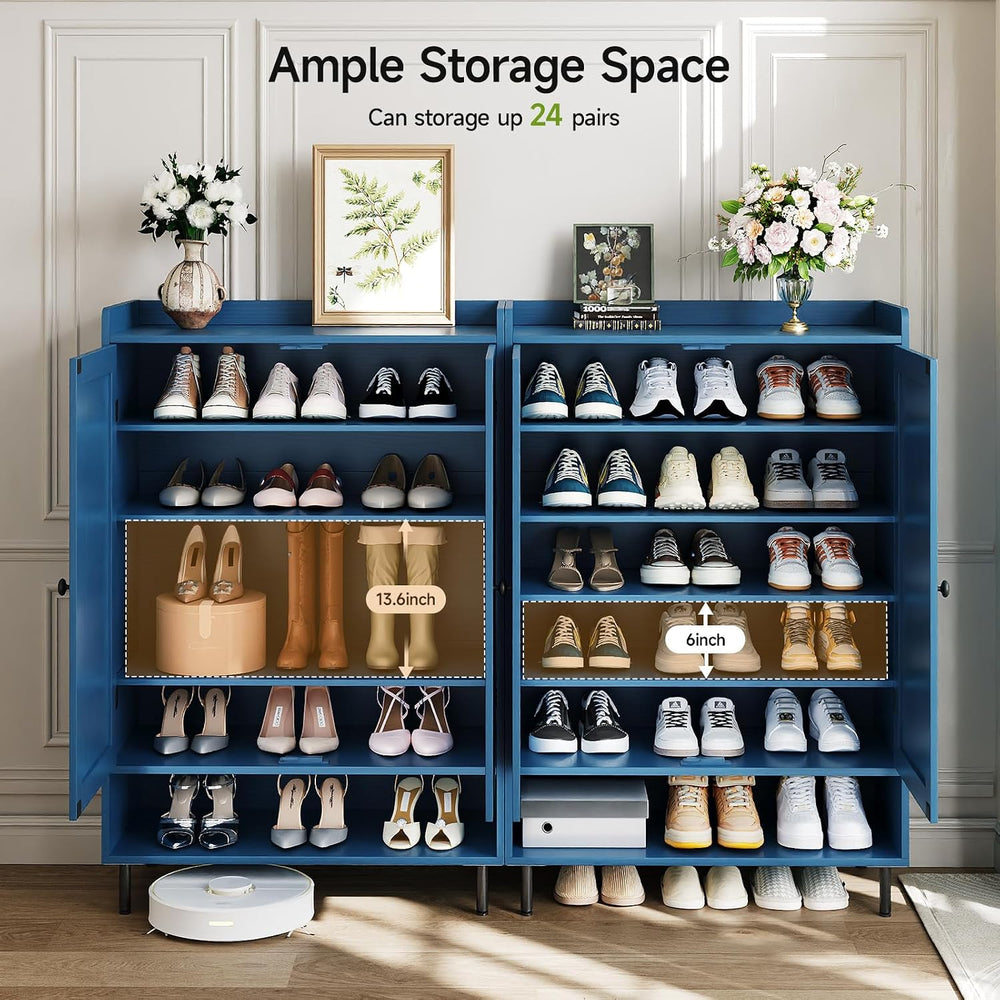 ComfyCorner Shoe Cabinet with Cross Molding Doors, 6-Tier Storage, Blue