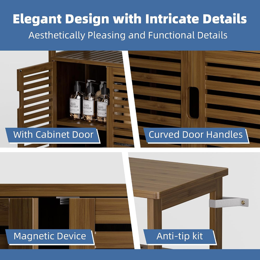 HITNET Bathroom Storage Cabinet, Bamboo Floor Cabinet with Double Doors and O...