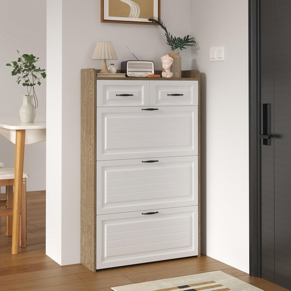 Shoe Cabinet with 3 Doors 2 Drawers, Wooden Narrow Shoe Storage Cabinet for E...