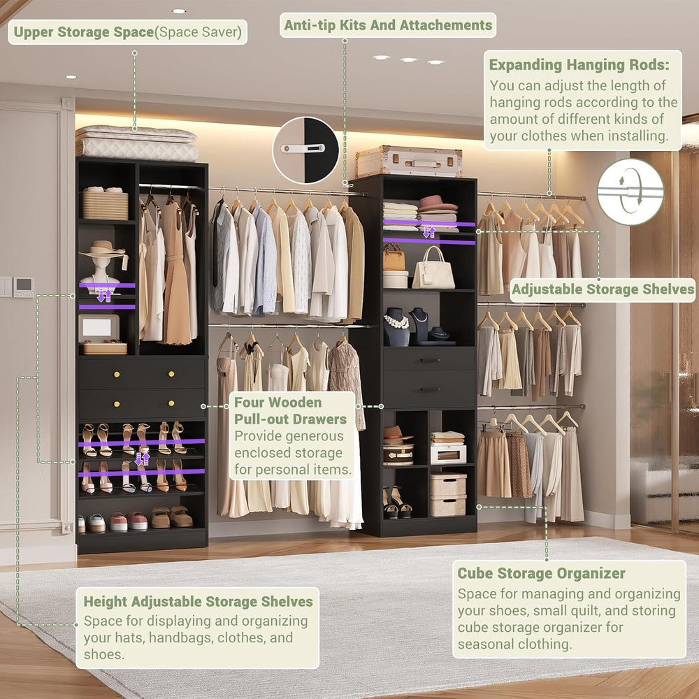 Besiost Closet System, Up to 128.6"/10.7 FT Closet Organizer with 4 Wood...