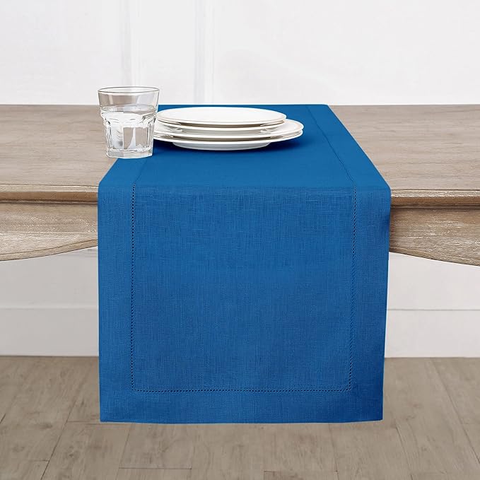 Solino Home Linen Indigo Blue Hemstitch Table Runner 60 Inches - 100% Pure Li...