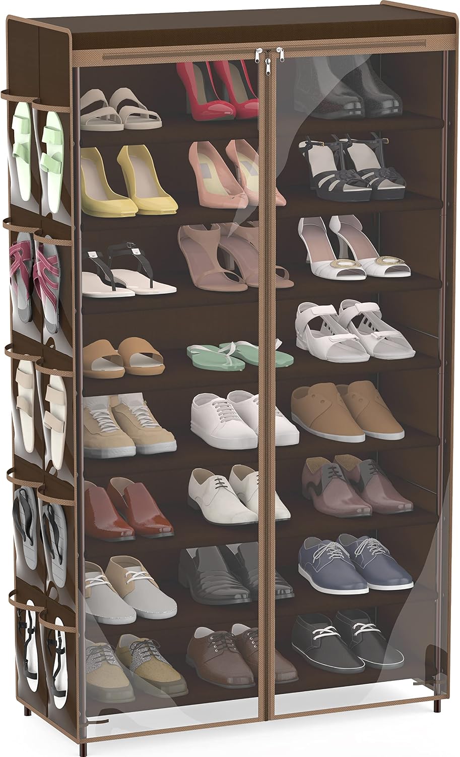 Simple Houseware 8 Tiers Shoe Rack w/Zipper Cover & Hanging Pockets, Brown