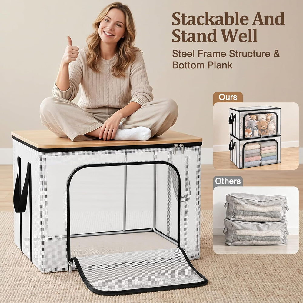 Clear Clothes Storage Bins with Metal Frame, Foldable Storage Boxes,3 Pack