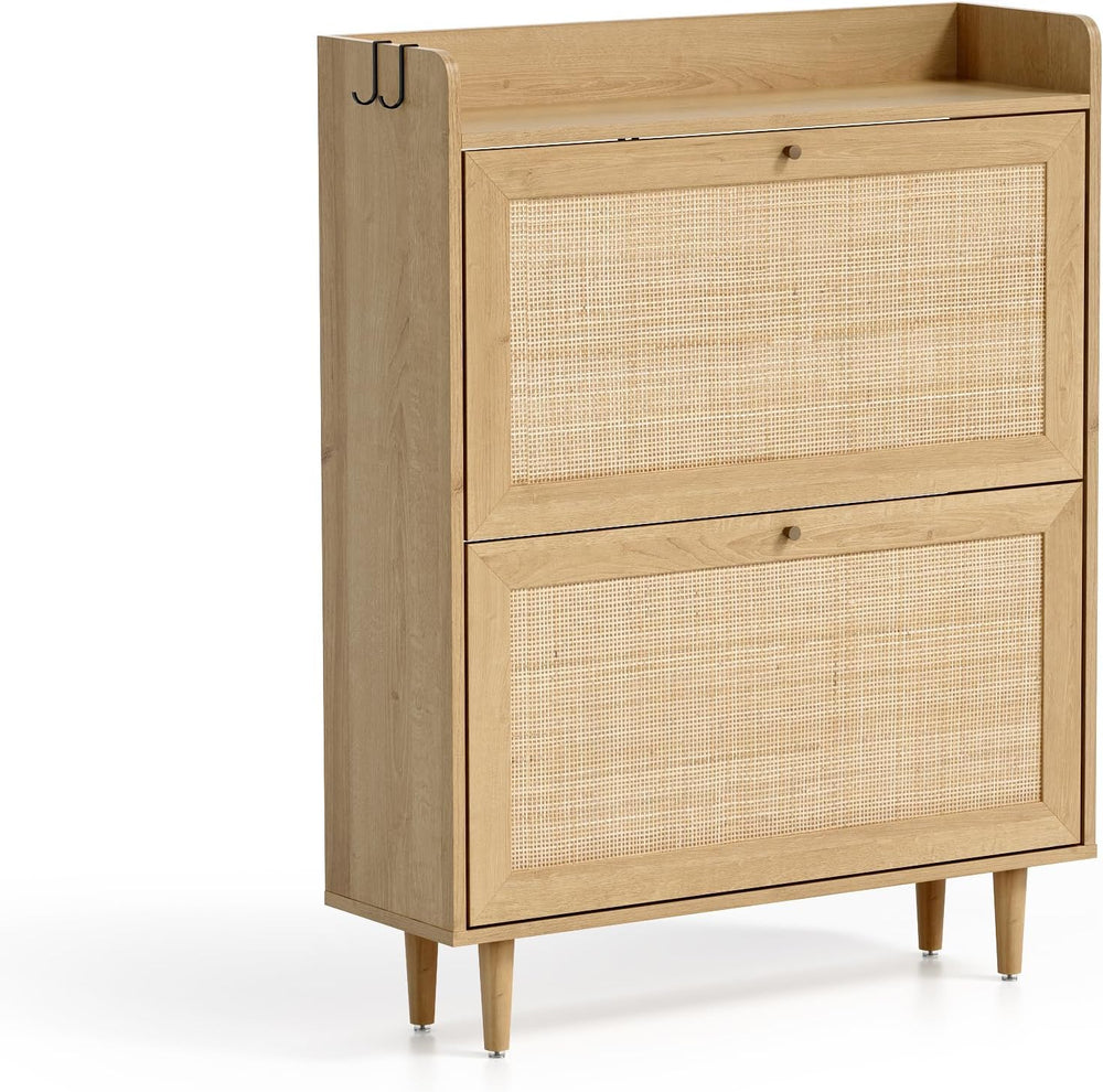 Rattan Shoe Storage Cabinet with 2 Flip Drawers, Farmhouse Freestanding Organ...