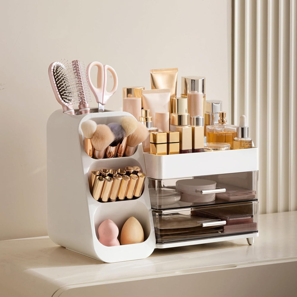 HBlife Makeup Organizer with Brush Holder for Vanity, Large Plastic Bathroom ...