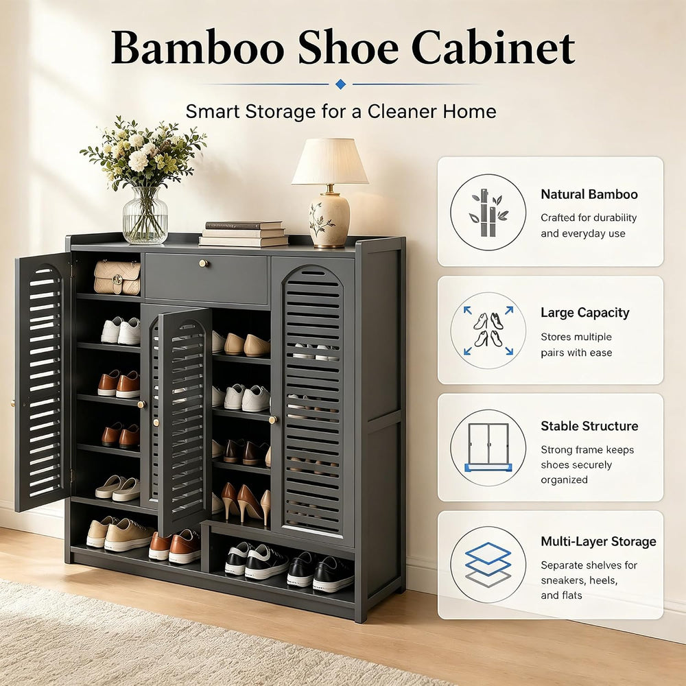 7-Tier Bamboo Shoe Cabinet,Shoe Storage Cabinet with Doors, 25-30 Pairs Frees...