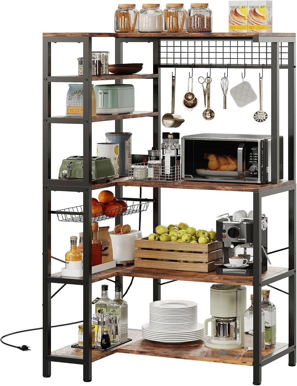 IRONCK Bakers Rack with Storage, Corner Coffee Bar with Power Outlet