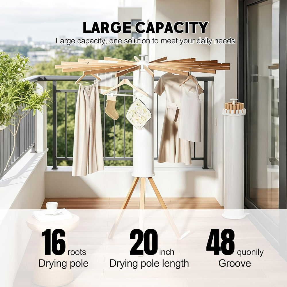 Clothes Drying Rack Foldable, Rotary Tripod Laundry Drying Rack,16 Wooden Pol...