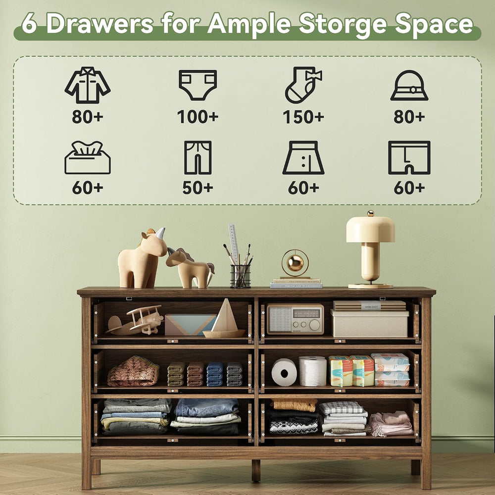 Tradare 55'' Walnut Dresser with 6 Drawers for Bedroom, Wood Dresser ...