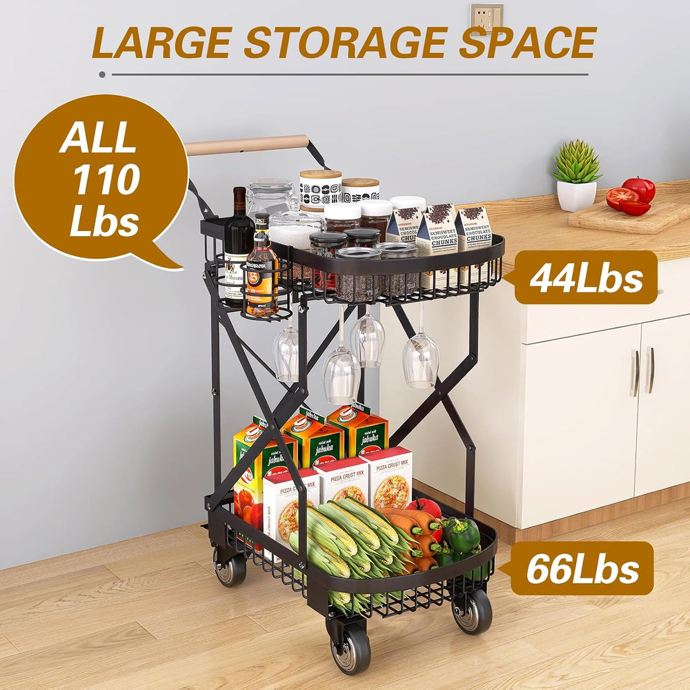 2-Tier Foldable Shopping Cart with Wheels for Groceries, Grocery Store Cart w...