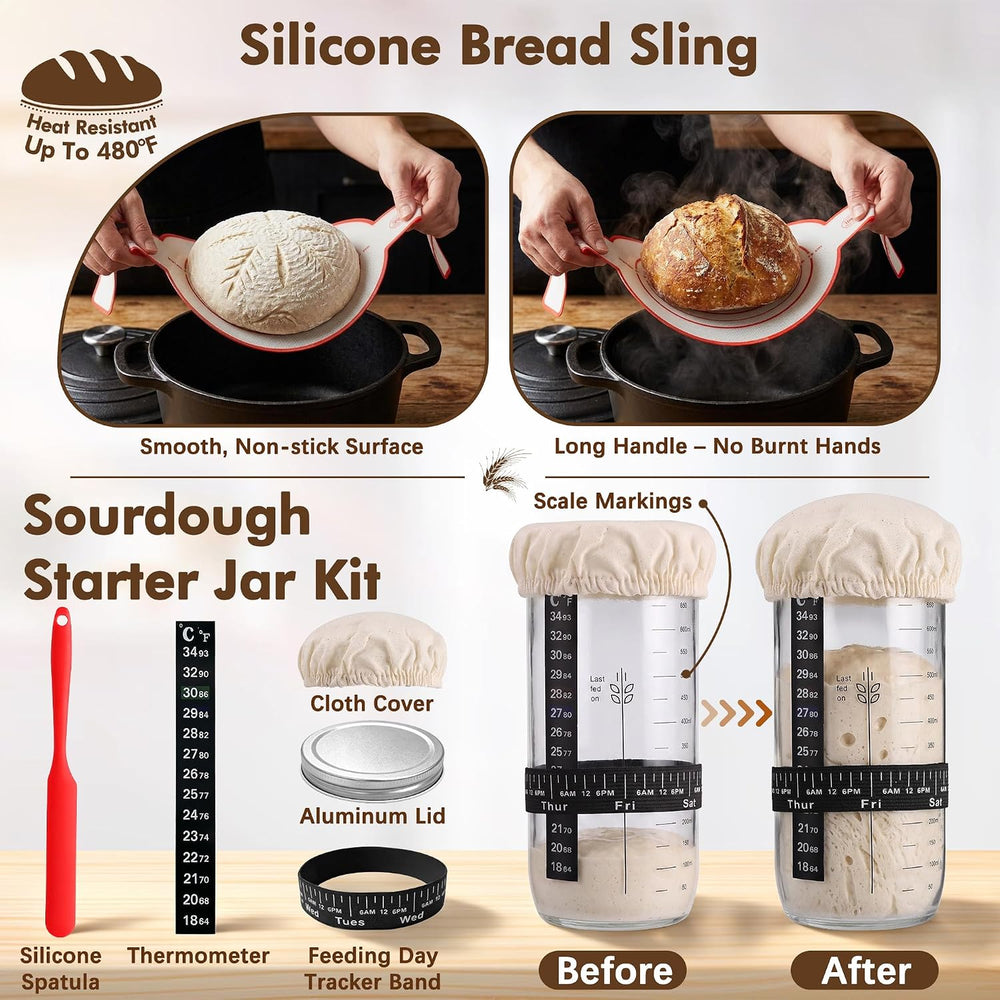 Sourdough Starter Kit with Rattan Banneton Baskets, Jars, Baking Tools
