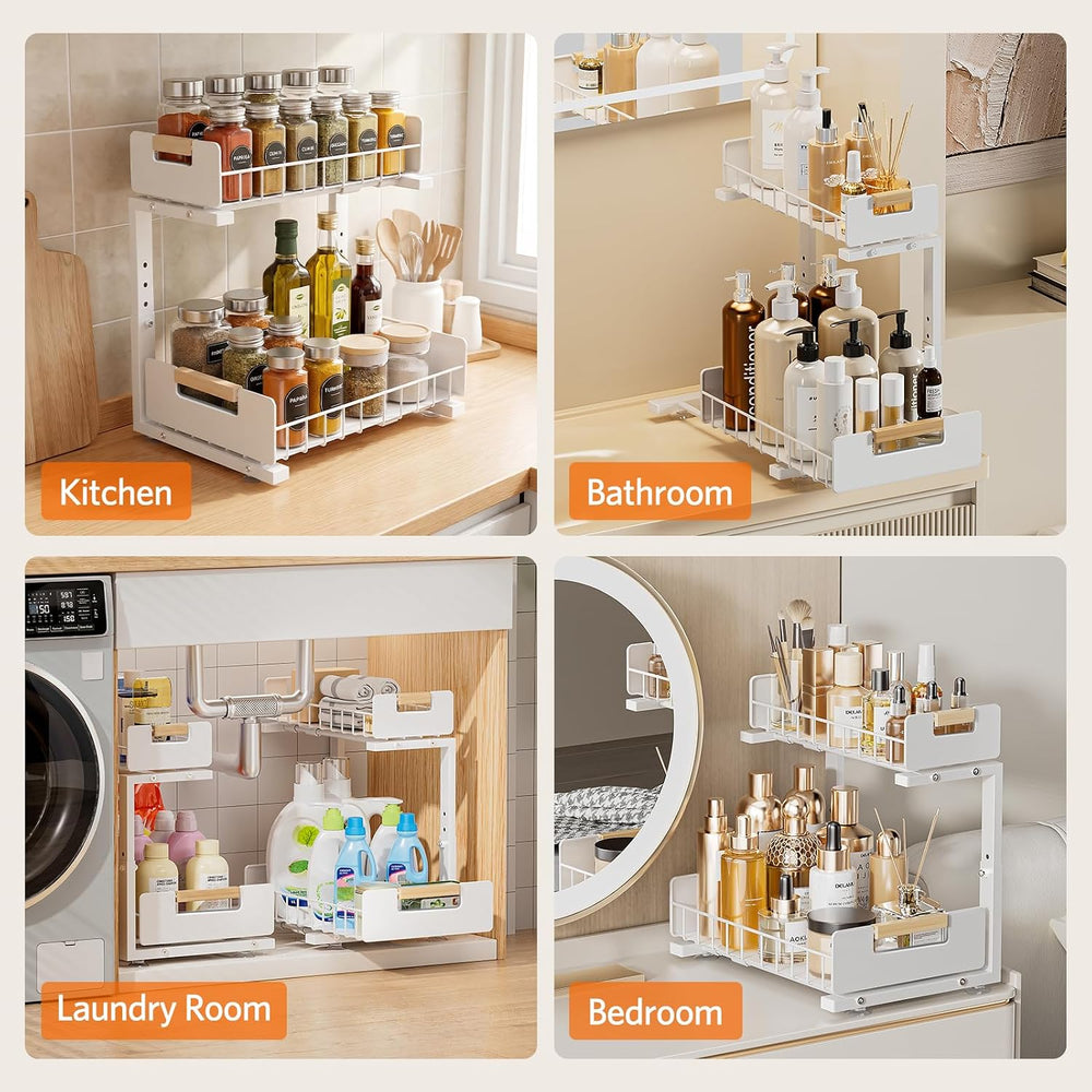 Delamu Under Sink Organizer Kitchen, 2-Tier Pull-Out Cabinet Shelf, 2-Pack