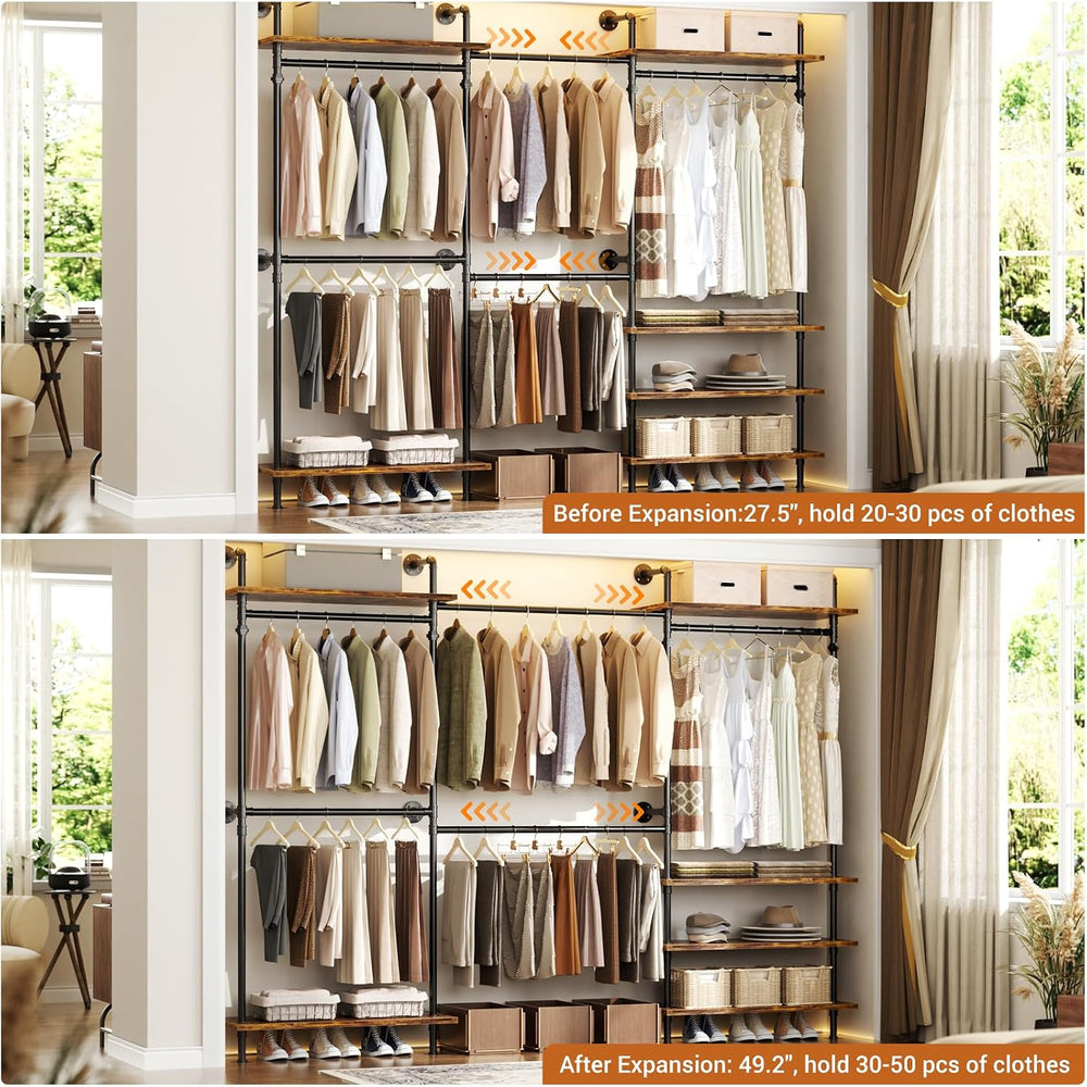 Aheaplus Industrial Pipe Clothing Rack, Expandable Garment Rack, Closet Syste...