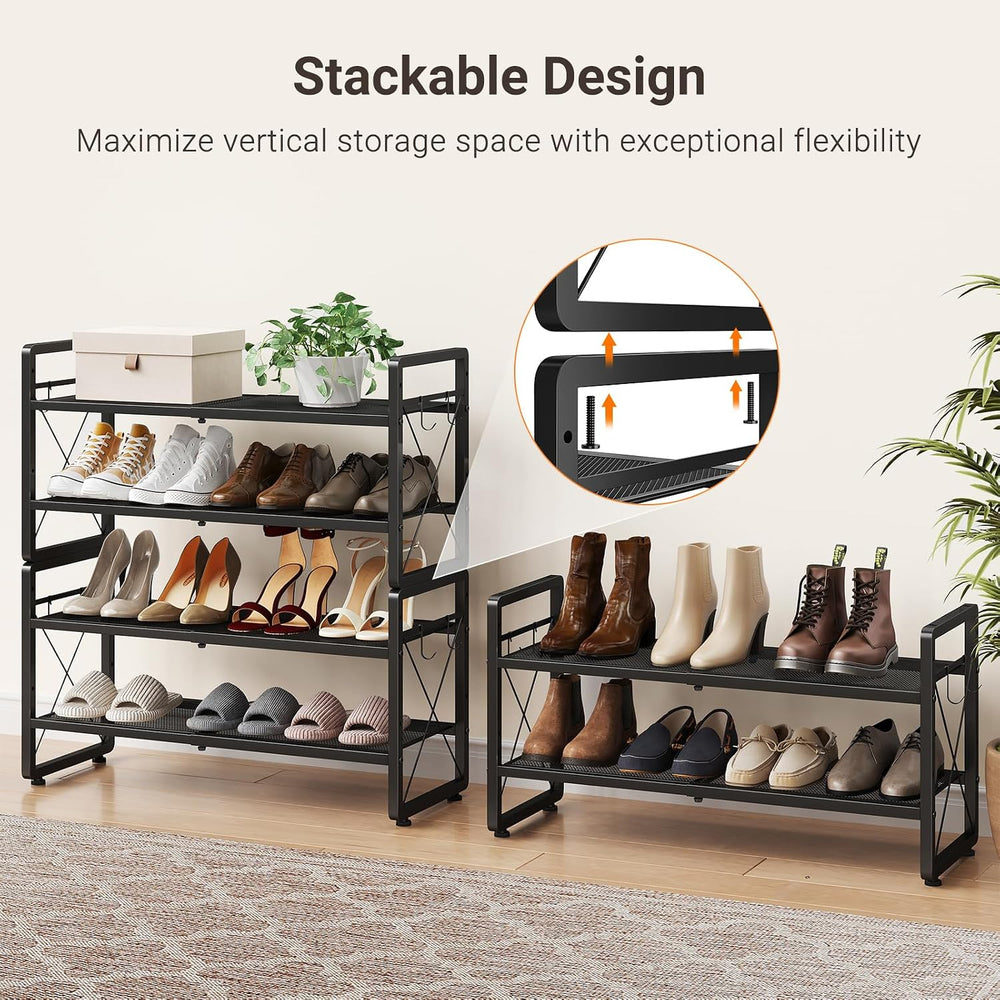 Expandable Shoe Rack for Closet, 4-Tier Metal Black Shoe Organizer