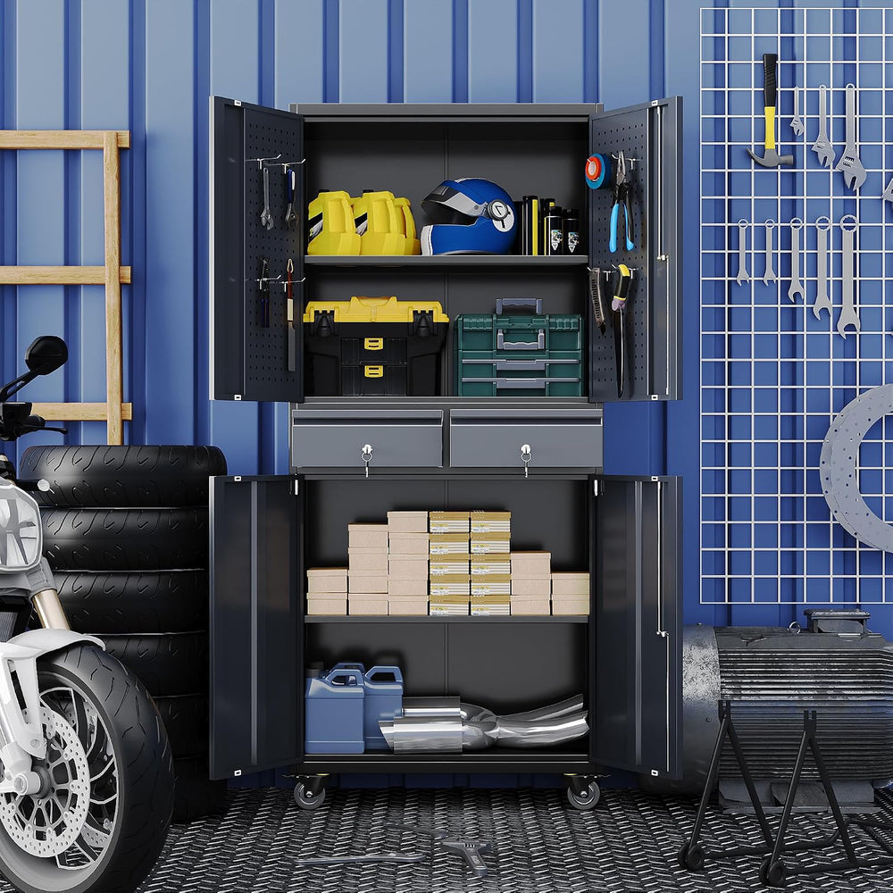 SUXXAN 71-Inch Metal Garage Cabinet with 2 Drawers and Pegboard Doors