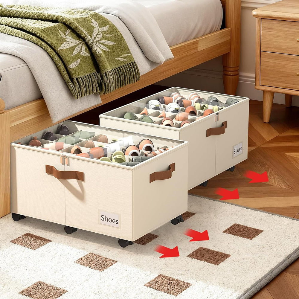 Foyego 2 Pack Shoe Organizer for Closet, Shoe Storage with Wheels, Beige