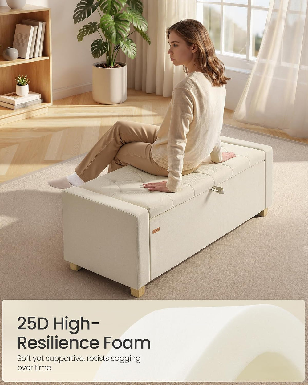 SONGMICS Storage Ottoman, 48 Inches Long Bed End Stool, Solid Wood Legs