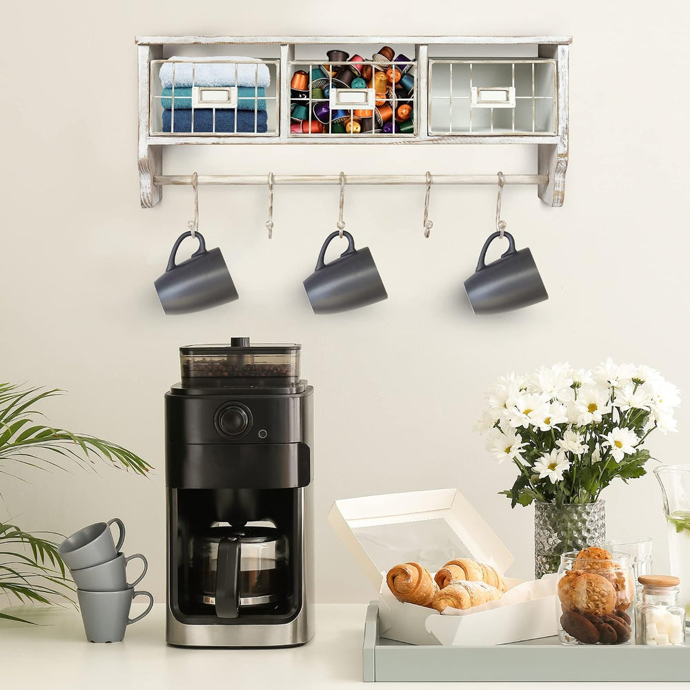 HBCY Creations Wall Mounted Shelf with Coat Hooks and Baskets, Solid Wood Ent...
