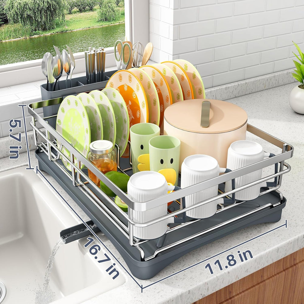 SAYZH Dish Drying Rack for Kitchen Counter with Utensil Holder, Silver