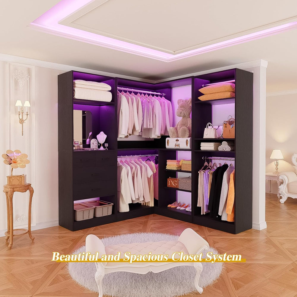 Unikito 86" Corner Closet System with 4 Drawers, 4 Hanging Rods and Mirror